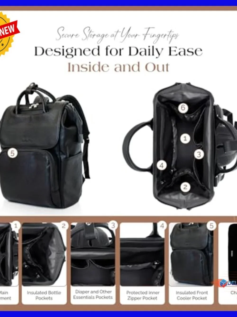Large Vegan Leather Diaper Backpack with Insulated Pockets & Changing Pad